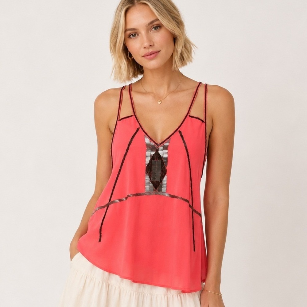 Anthropologie I Madeline Neon Pink Beaded Chiffon Tank‎ Top Flowy Womens Small